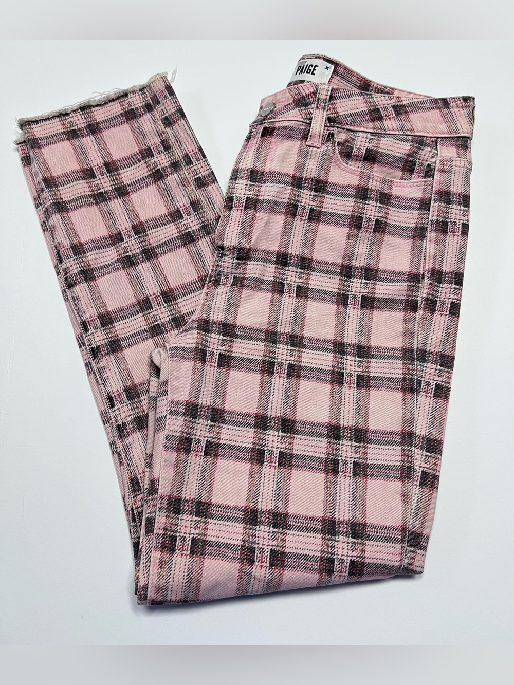 PAIGE Hoxton Slim Pink Plaid Ankle Jeans Size 29 Raw Hem